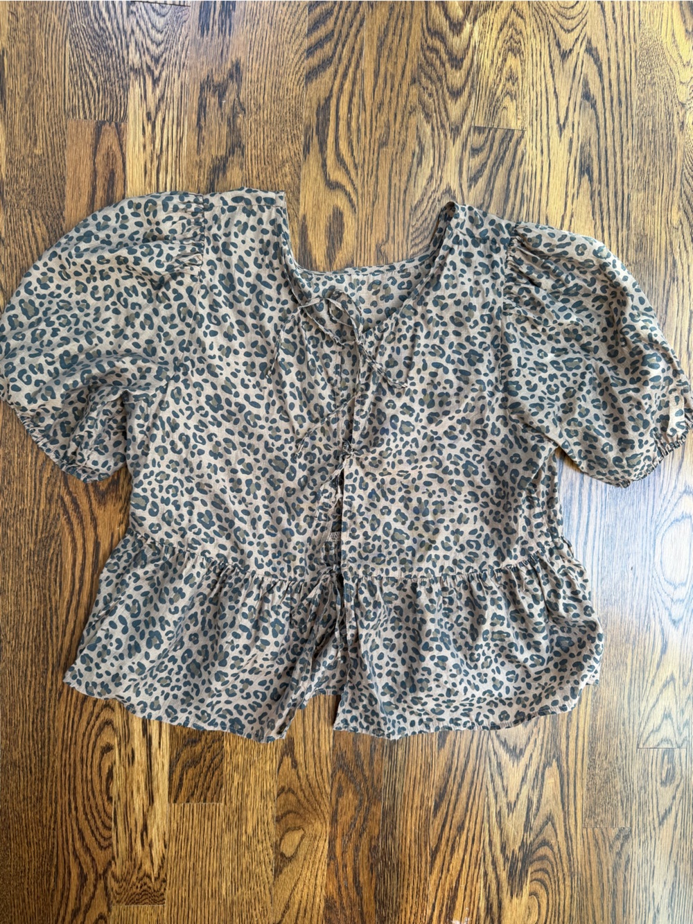 Brown Leopard Animal Print Neutral Short Sleeve Tie Front Flowy Blouse